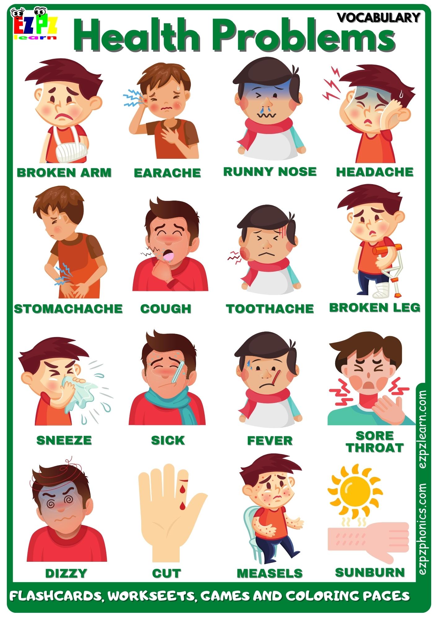 Health Problems Vocabulary Free English Vocabulary Flashcards, Worksheets, Coloring Pages, Games and More for English Language Learners